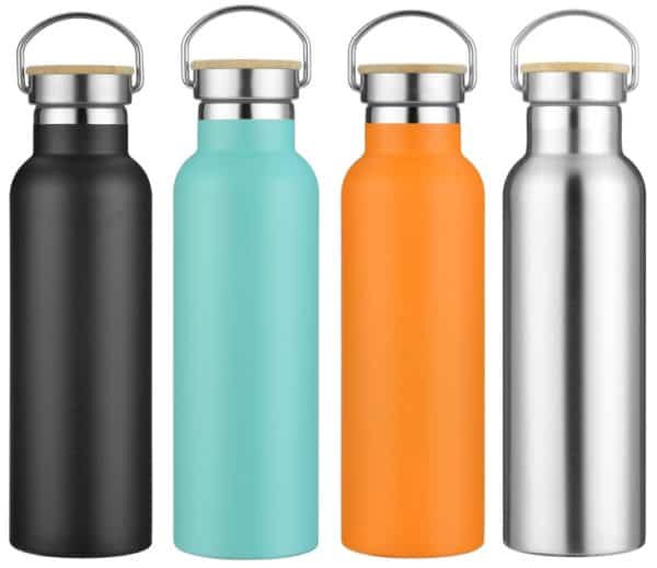 Stylish Stainless steel thermal bottle with bamboo feature top keeps drinks cold or hot and is a promotional item people will keep and use daily.