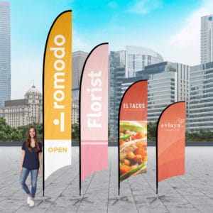 Bow flag banners for outdoor or indoor promotions, full colour print of your artwork and logo. Perfect for events or permanent signage