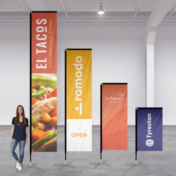 Rectangle flag banners for outdoor or indoor promotions, full colour print of your artwork and logo. Perfect for events or permanent signage