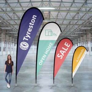 Teardrop flag banners for outdoor or indoor promotions, full colour print of your artwork and logo. Perfect for events or permanent signage
