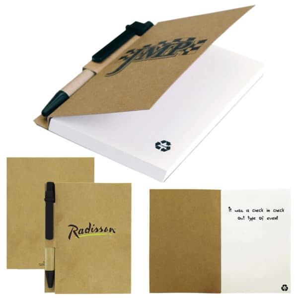 The Aria recycled note book has 80 pages of blank recycled paper inside and a thick recycled paper cover. It includes a pen made from recycled paper and biodegradable corn resin.