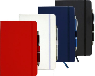 This classic A5 journal has a leather look soft-touch cover, ribbon place marker and elastic closure as well as a handy document pocket.
